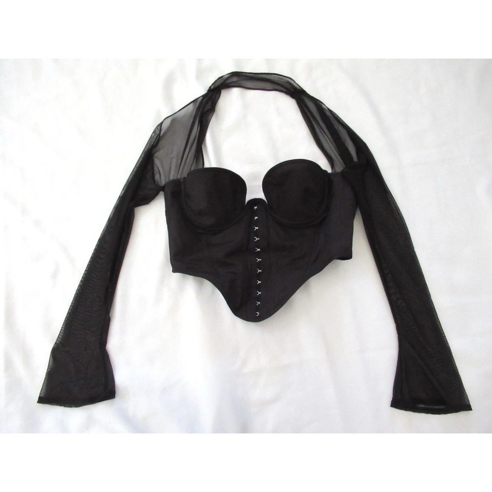 House Of CB Mina Structured Corset Top Mesh Sleeve Cutout Choker Black S SB7839